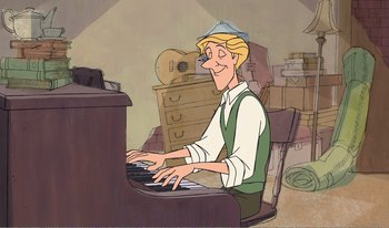 Movie still from “101 Dalmatians 2: Patch's London Adventure” (2002), directed by Brian Smith – A drawing of a man playing the piano in a living room; Medium shot, High angle