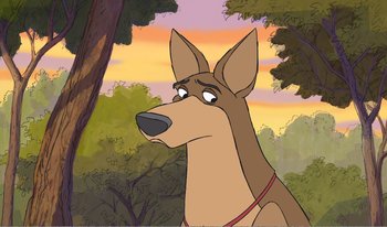 Movie still from “101 Dalmatians 2: Patch's London Adventure” (2002), directed by Brian Smith – A cartoon of a dog looking up at the sky; Close Up shot, High angle