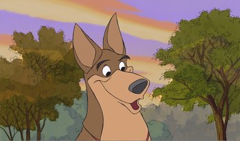 Movie still from “101 Dalmatians 2: Patch's London Adventure” (2002), directed by Brian Smith – A cartoon of a brown dog with its mouth wide open; Close Up shot, Low angle