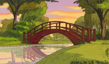 Movie still from “101 Dalmatians 2: Patch's London Adventure” (2002), directed by Brian Smith – An illustration of a bridge over a river; Extreme Wide shot, High angle