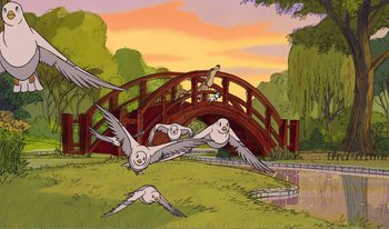 Movie still from “101 Dalmatians 2: Patch's London Adventure” (2002), directed by Brian Smith – Birds flying over a bridge in a park; Extreme Wide shot, Low angle