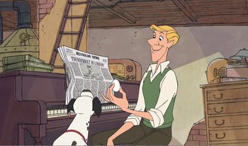 Movie still from “101 Dalmatians 2: Patch's London Adventure” (2002), directed by Brian Smith – A man sitting on a chair with a newspaper and a dalmatian dog; Medium shot, Over the shoulder angle