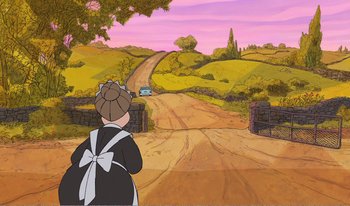 Movie still from “101 Dalmatians 2: Patch's London Adventure” (2002), directed by Brian Smith – An animated picture of a woman in a dress looking out at a road; Wide shot, High angle