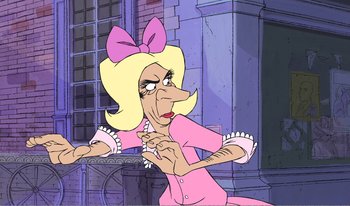 Movie still from “101 Dalmatians 2: Patch's London Adventure” (2002), directed by Brian Smith – An animated woman in a pink dress and a pink bow; Medium shot, Over the shoulder angle