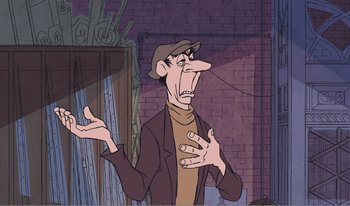 Movie still from “101 Dalmatians 2: Patch's London Adventure” (2002), directed by Brian Smith – An animated man in a brown jacket and a brown hat; Close Up shot, High angle