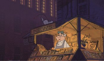 Movie still from “101 Dalmatians 2: Patch's London Adventure” (2002), directed by Brian Smith – A cartoon of a man sitting at a news stand; Wide shot, Low angle