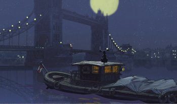 Movie still from “101 Dalmatians 2: Patch's London Adventure” (2002), directed by Brian Smith – A boat floating on a body of water next to a bridge at night; Extreme Wide shot, Low angle