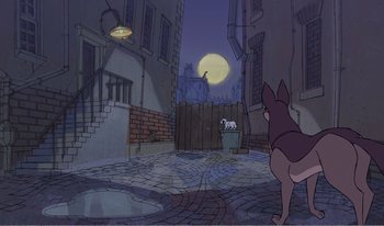 Movie still from “101 Dalmatians 2: Patch's London Adventure” (2002), directed by Brian Smith – A dog and a cat in the middle of an alleyway at night; Wide shot, High angle