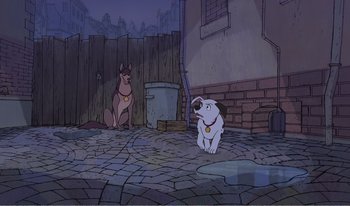 Movie still from “101 Dalmatians 2: Patch's London Adventure” (2002), directed by Brian Smith – Two cartoon dogs sitting on a brick patio; Wide shot, High angle