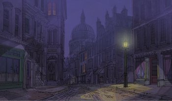 Movie still from “101 Dalmatians 2: Patch's London Adventure” (2002), directed by Brian Smith – An artistic drawing of an old european city at night; Extreme Wide shot, High angle