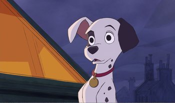 Movie still from “101 Dalmatians 2: Patch's London Adventure” (2002), directed by Brian Smith – A cartoon of a dalmatian dog with a medal around its neck; Close Up shot, High angle