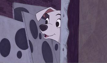 Movie still from “101 Dalmatians 2: Patch's London Adventure” (2002), directed by Brian Smith – A cartoon of a dog looking out of a window; Close Up shot, Low angle