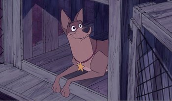 Movie still from “101 Dalmatians 2: Patch's London Adventure” (2002), directed by Brian Smith – A dog sitting on the steps of a house; Medium shot, Low angle