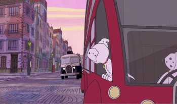 Movie still from “101 Dalmatians 2: Patch's London Adventure” (2002), directed by Brian Smith – A cartoon picture of a dog looking out the window of a double decker bus; Wide shot, Low angle