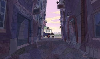 Movie still from “101 Dalmatians 2: Patch's London Adventure” (2002), directed by Brian Smith – An animated street scene with a car parked on the side of the street; Extreme Wide shot, High angle