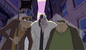 Movie still from “101 Dalmatians 2: Patch's London Adventure” (2002), directed by Brian Smith – A group of cartoon characters standing next to each other on a street; Medium shot, Low angle