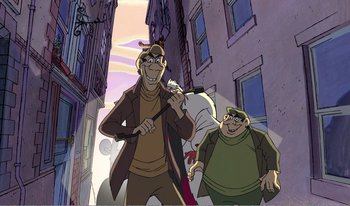 Movie still from “101 Dalmatians 2: Patch's London Adventure” (2002), directed by Brian Smith – A cartoon of a man with a knife in his mouth and another man with a knife in his hand; Wide shot, Low angle