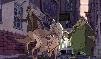 Movie still from “101 Dalmatians 2: Patch's London Adventure” (2002), directed by Brian Smith – A group of people standing next to each other on a street; Wide shot, High angle