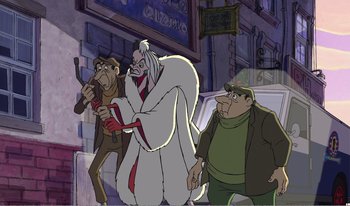 Movie still from “101 Dalmatians 2: Patch's London Adventure” (2002), directed by Brian Smith – A group of men standing next to each other on a street; Wide shot, Low angle
