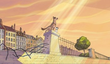 Movie still from “101 Dalmatians 2: Patch's London Adventure” (2002), directed by Brian Smith – A dog standing on top of a fence next to a cat; Extreme Wide shot, Low angle