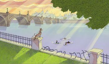 Movie still from “101 Dalmatians 2: Patch's London Adventure” (2002), directed by Brian Smith – A dog sitting on a ledge next to a body of water with people swimming; Extreme Wide shot, High angle