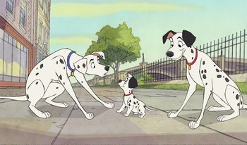 Movie still from “101 Dalmatians 2: Patch's London Adventure” (2002), directed by Brian Smith – A group of cartoon dogs sitting on top of a sidewalk; Wide shot, Overhead angle