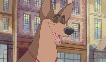 Movie still from “101 Dalmatians 2: Patch's London Adventure” (2002), directed by Brian Smith – A cartoon of a brown dog with its mouth wide open; Close Up shot, Low angle