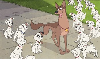Movie still from “101 Dalmatians 2: Patch's London Adventure” (2002), directed by Brian Smith – A cartoon of a dog standing in front of a bunch of dogs; Wide shot, High angle