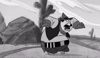 Movie still from “101 Dalmatians 2: Patch's London Adventure” (2002), directed by Brian Smith – An animated character in a cowboy outfit is standing in front of a tree; Medium shot, Low angle