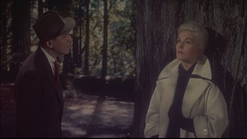 Movie still from “12 Monkeys” (1995), directed by Terry Gilliam – A man and a woman standing next to each other in front of a tree; Medium shot, High angle