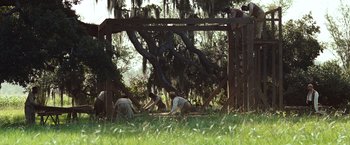 Movie still from “12 Years a Slave” (2013), directed by Steve McQueen – A group of people working in a field with trees in the background; Extreme Wide shot, Low angle