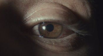 Movie still from “127 Hours” (2010), directed by Danny Boyle – A person's brown eye; Extreme Close Up shot, Overhead angle