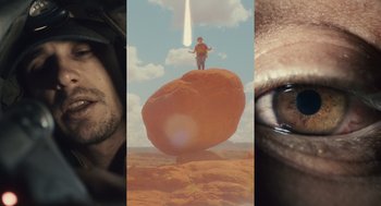 Movie still from “127 Hours” (2010), directed by Danny Boyle – A man standing on top of a brown rock next to an image of an eye; Extreme Close Up shot, Overhead angle