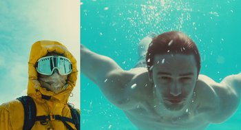 Movie still from “127 Hours” (2010), directed by Danny Boyle – A man swimming underwater wearing a yellow jacket and goggles; Close Up shot, Low angle