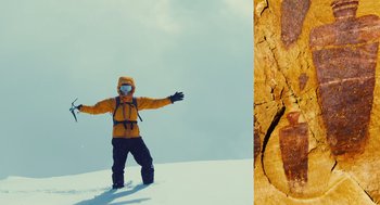 Movie still from “127 Hours” (2010), directed by Danny Boyle – A man in a yellow jacket standing on top of a snow covered slope; Medium shot, Low angle