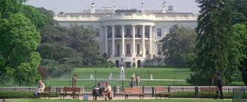 Movie still from “2010: The Year We Make Contact” (1984), directed by Peter Hyams – People are walking on the lawn of the white house; Extreme Wide shot, Low angle
