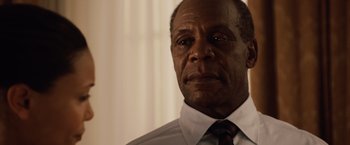 Movie still from “2012” (2009), directed by Roland Emmerich – An older man wearing a shirt and a tie; Close Up shot, Low angle