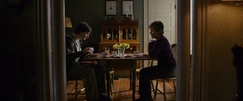 Movie still from “21” (2008), directed by Robert Luketic – Two people are sitting at a table with cups of coffee; Medium shot, Over the shoulder angle