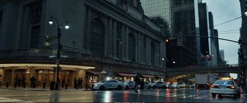 Movie still from “21 Bridges” (2019), directed by Brian Kirk – Many police cars parked on the side of the street; Extreme Wide shot, High angle