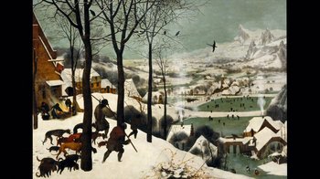 Movie still from “24 Frames” (2017), directed by Abbas Kiarostami – A painting of people in the snow with trees and buildings in the background; Extreme Wide shot, High angle