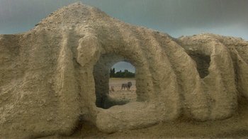 Movie still from “24 Frames” (2017), directed by Abbas Kiarostami – An animal is walking through a hole in the ground; Extreme Wide shot, Low angle