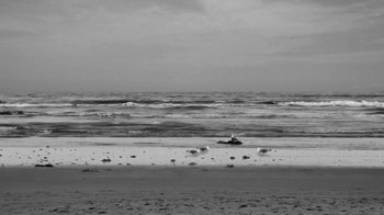 Movie still from “24 Frames” (2017), directed by Abbas Kiarostami – A black and white photo of a person on a surfboard in the ocean; Extreme Wide shot, High angle