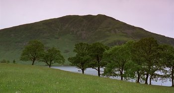 Movie still from “28 Days Later” (2002), directed by Danny Boyle – A group of trees near a body of water; Extreme Wide shot, Low angle