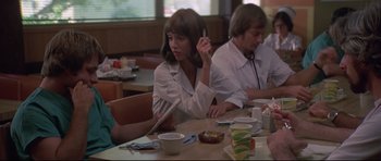 Movie still from “3 Women” (1977), directed by Robert Altman – A group of people sitting at a table in a restaurant; Medium shot, Over the shoulder angle