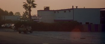 Movie still from “3 Women” (1977), directed by Robert Altman – A car driving down a street next to palm trees; Extreme Wide shot, Low angle