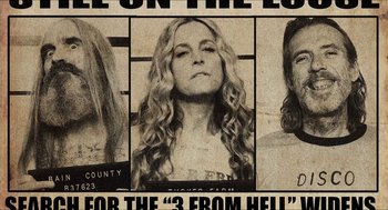 Movie still from “3 from Hell” (2019), directed by Rob Zombie – A black and white photo of a woman with long blonde hair; Close Up shot, Overhead angle