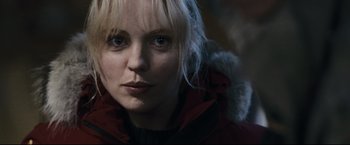 Movie still from “30 Days of Night” (2007), directed by David Slade – A person wearing a red jacket; Close Up shot, Over the shoulder angle