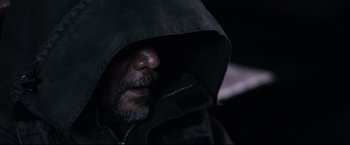 Movie still from “30 Days of Night” (2007), directed by David Slade – A man with a beard and a hooded jacket; Close Up shot, Over the shoulder angle