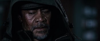 Movie still from “30 Days of Night” (2007), directed by David Slade – A person wearing a hood; Close Up shot, Over the shoulder angle