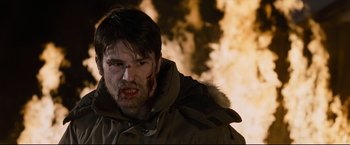 Movie still from “30 Days of Night” (2007), directed by David Slade – A person wearing a jacket; Close Up shot, Over the shoulder angle